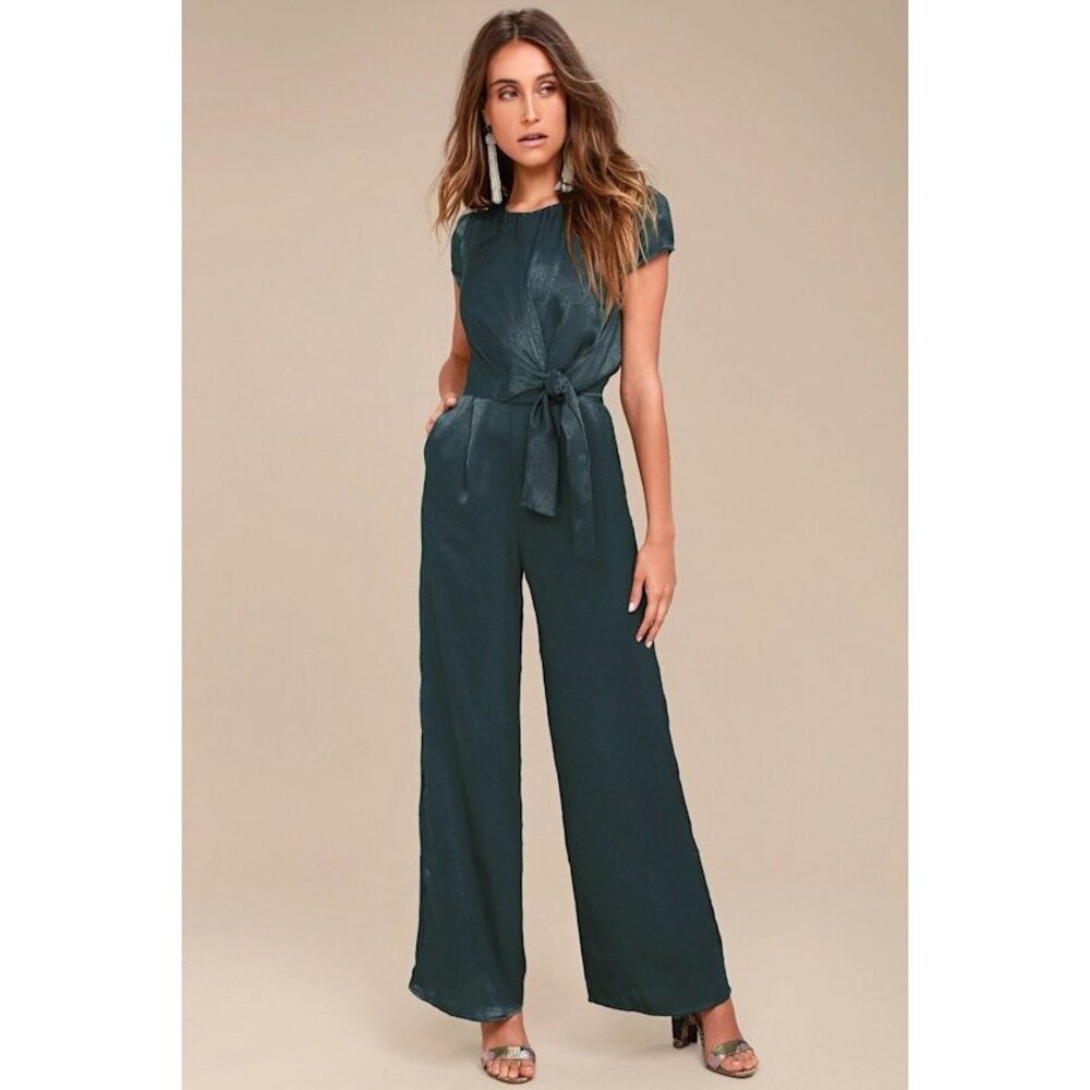 Lulus Let Me Entertain You Dark Green Satin Wide-leg Jumpsuit - Size M